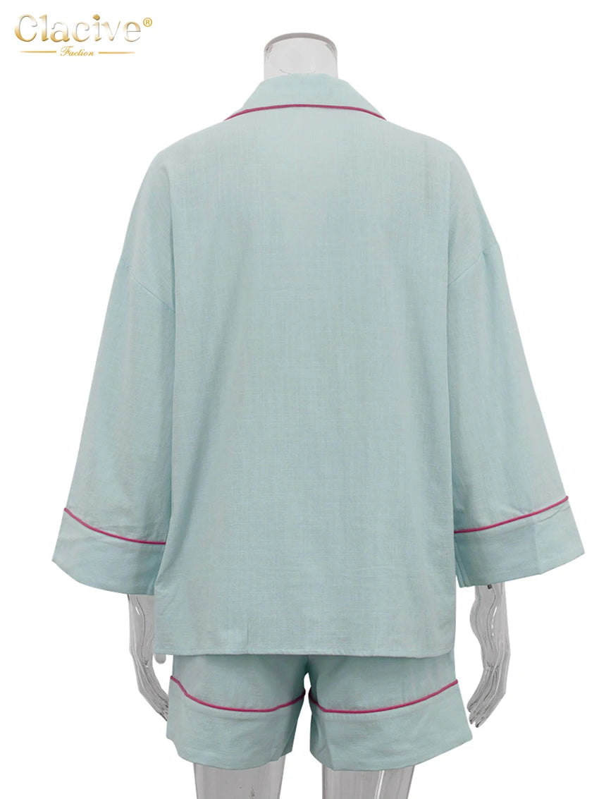 Clacive Fashion Loose Blue Cotton Home Women's Two Pieces Set 2025 Elegant Long Sleeve Shirt With High Waist Shorts Set Female