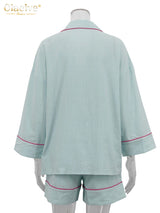 Clacive Fashion Loose Blue Cotton Home Women's Two Pieces Set 2025 Elegant Long Sleeve Shirt With High Waist Shorts Set Female