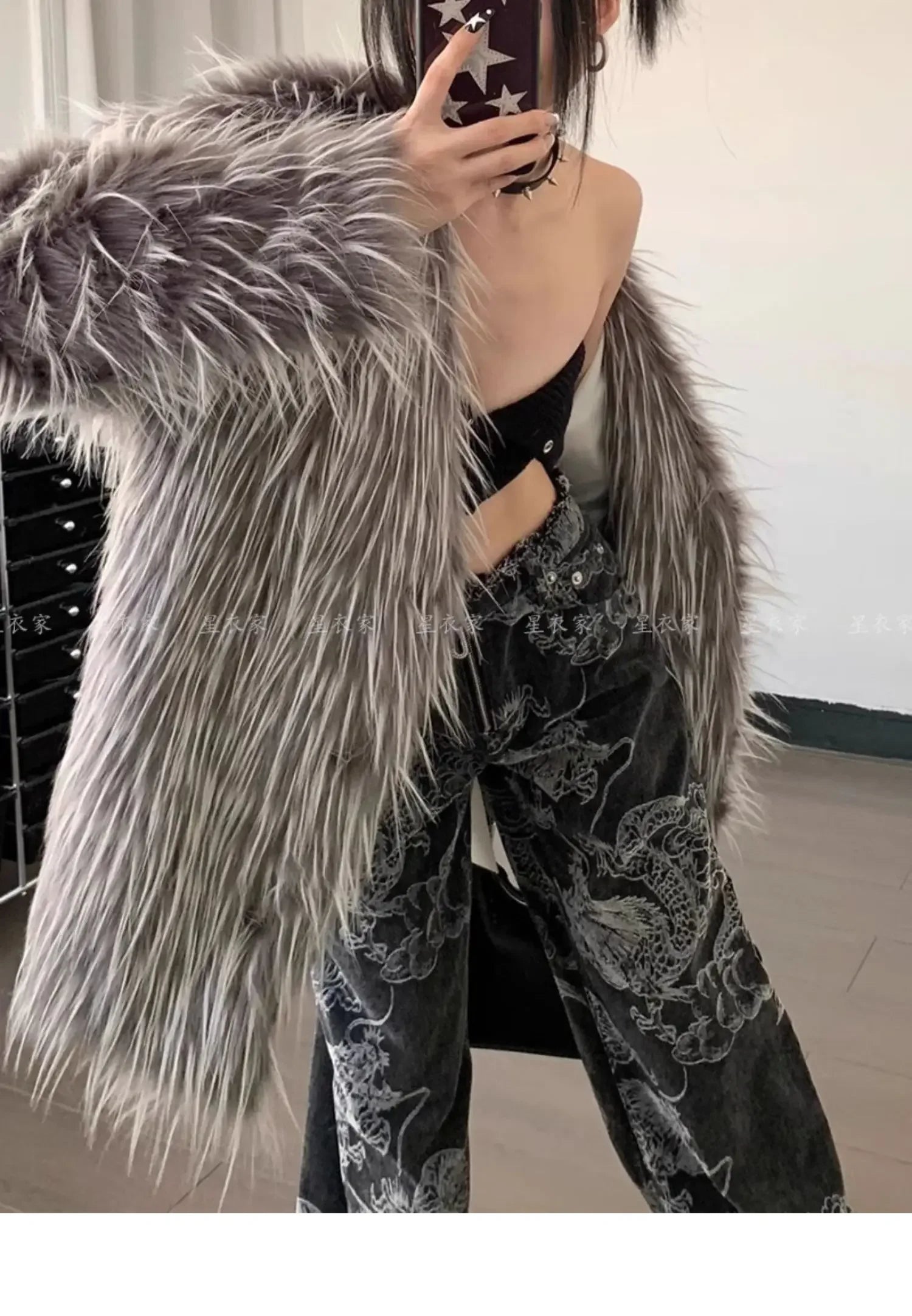Y2K Dragon Print Baggy High-Waist Denim Jeans for Women