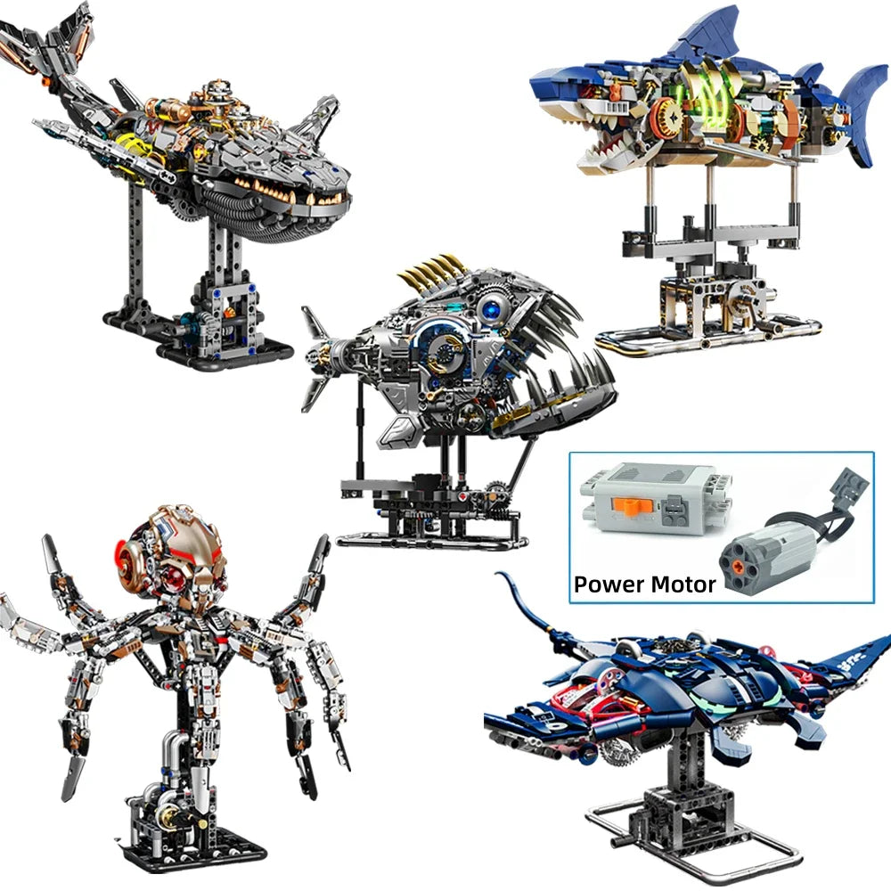 Mechanical Sea Animals Building Blocks DIY Movable Whale Octopus Manta Shark Piranha Creative Technical MOC Desktop Decor Gift