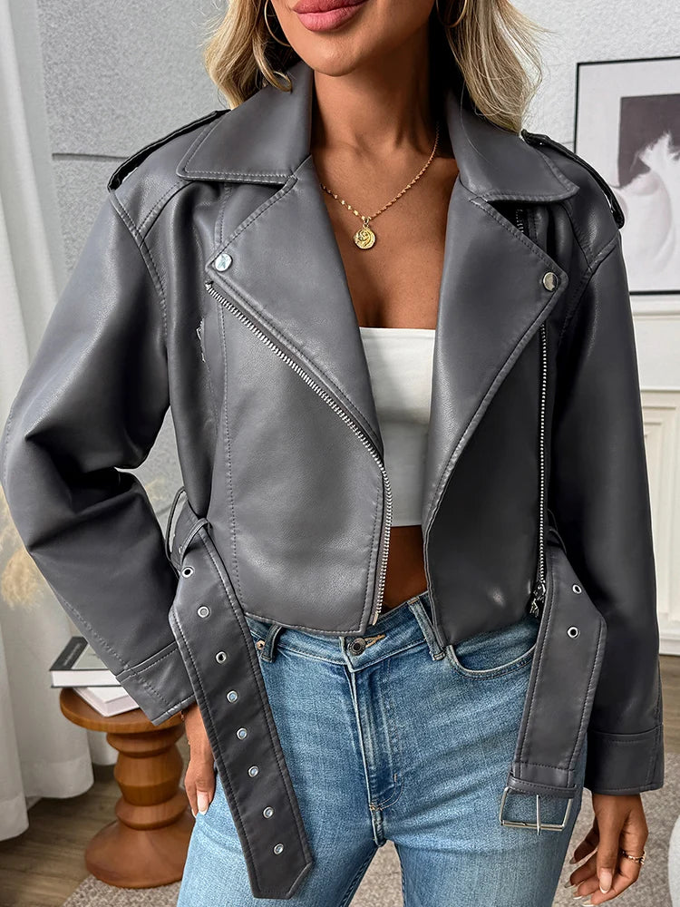 Ailegogo Spring Autumn Women Faux Pu Leather Short Jacket with Belt Motorcycle Biker Female Zipper Lapel Loose Coat Outwear