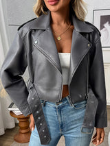 Ailegogo Spring Autumn Women Faux Pu Leather Short Jacket with Belt Motorcycle Biker Female Zipper Lapel Loose Coat Outwear