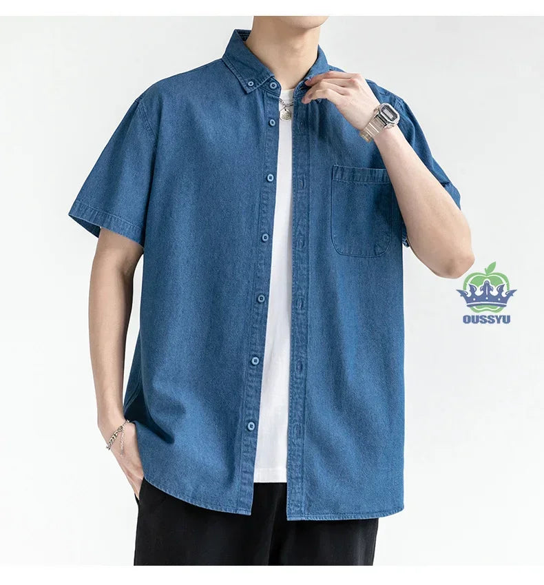 Men's Denim Shirt Long Sleeve Casual Outerwear Youth 2026 Fashion Streetwear Light Blue Button Up Top with Pockets Jeans Shirt