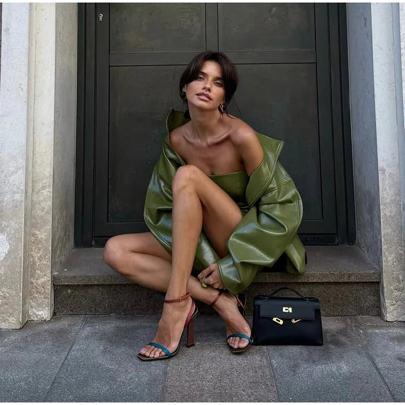 Vintage Green Leather Skirt Sets Women Fashion Solid Strapless Short Skirts Zipper Jacket Outfits Lady Daily Highstreet Outfits