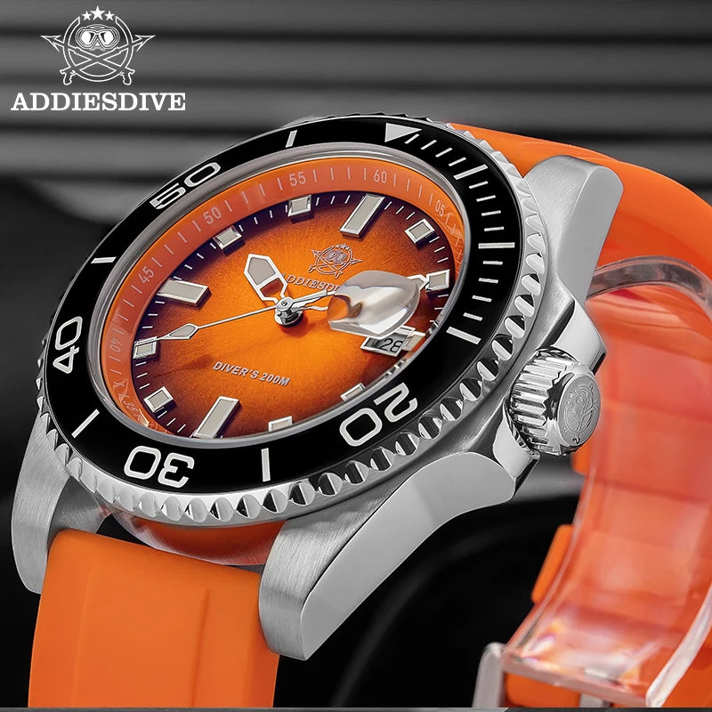 ADDIESDIVE Quartz Watch Men Ceramic Bezel 41mm Gradient Orange Dial AR Coated Glass Luminous Waterproof 200m Diving Watch New