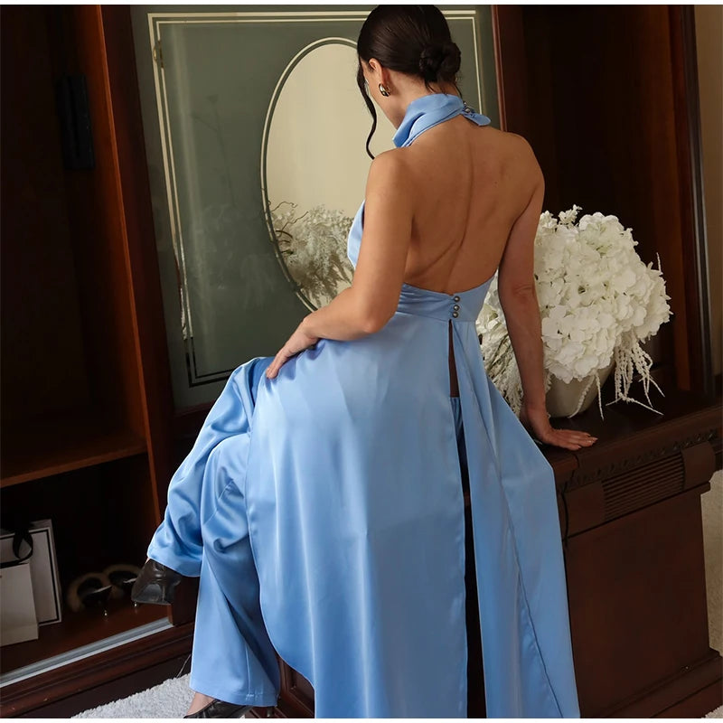 Elegant Women's Satin Halter Spliced Long Top Pants Set Sleeveless Backless Swing Collar Top Straight Leg Pant 2026 Fashion Suit