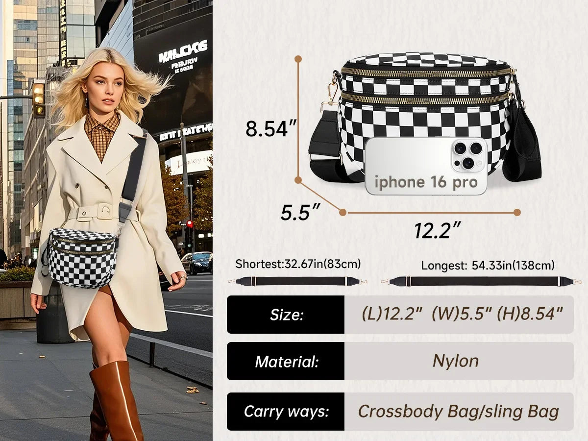 Women Checkered Bum Bag Casual Fanny Pack Large Capacity Crossbody Adjustable Strap Simple Shoulder Mommy Bag Daily Travel Tote