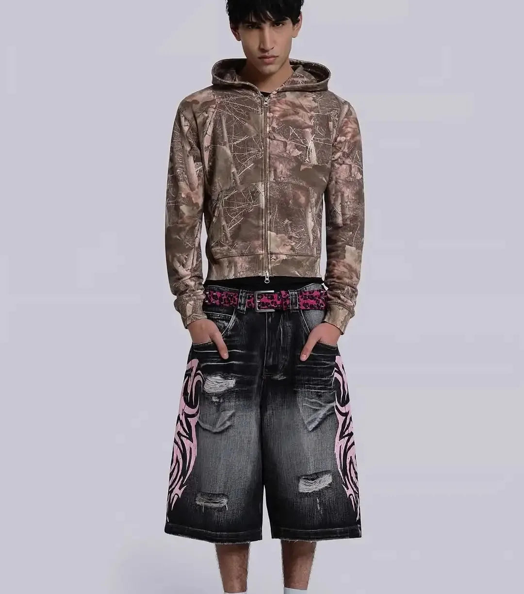 Y2K Dark Wash Wide Leg Jeans with Pink Flame Embroidery