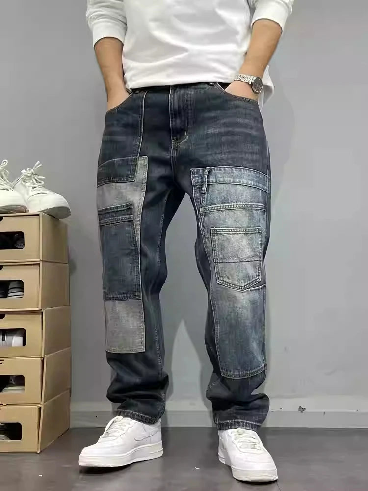 Patchwork Straight Leg Jeans Plus Size Multi Pocket Japanese Streetwear High Quality Trendy Skater Fit Denim Trousers 2025 New