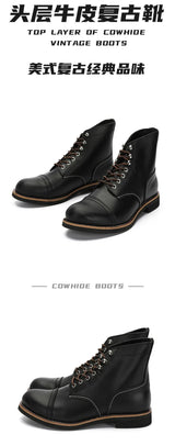 KOWM Hiking shoes men's walking boots British cowhide high top motorcycle boots ankle casual sneakers trekking shoes thick soled