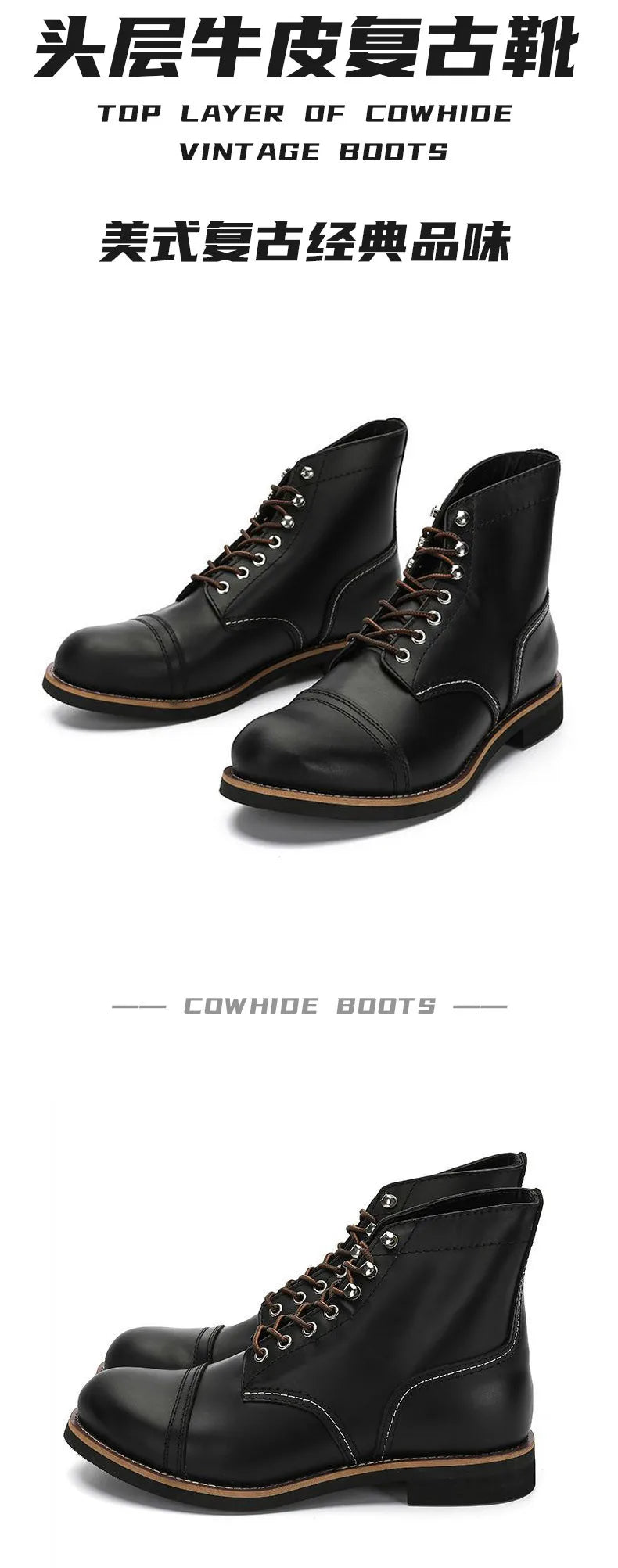 KOWM Hiking shoes men's walking boots British cowhide high top motorcycle boots ankle casual sneakers trekking shoes thick soled
