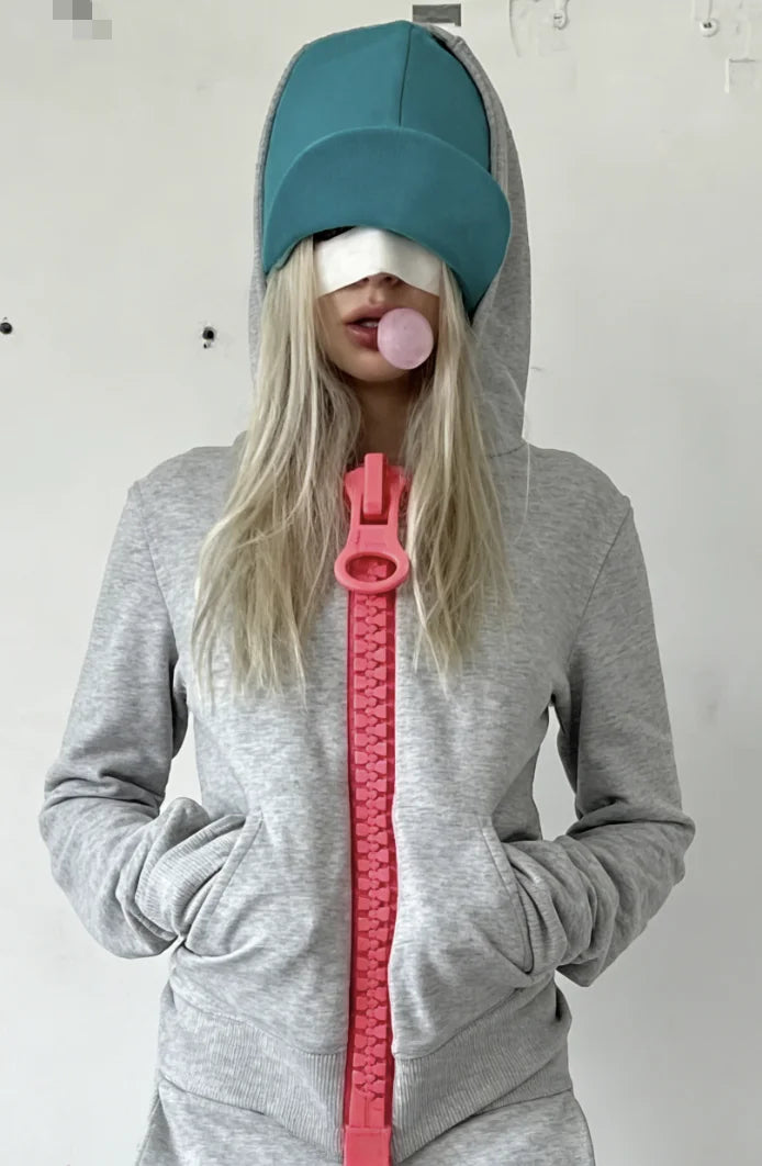 New Y2K American-style women's solid color large zipper loose cropped color-block hoodie fashionable street Harajuku style