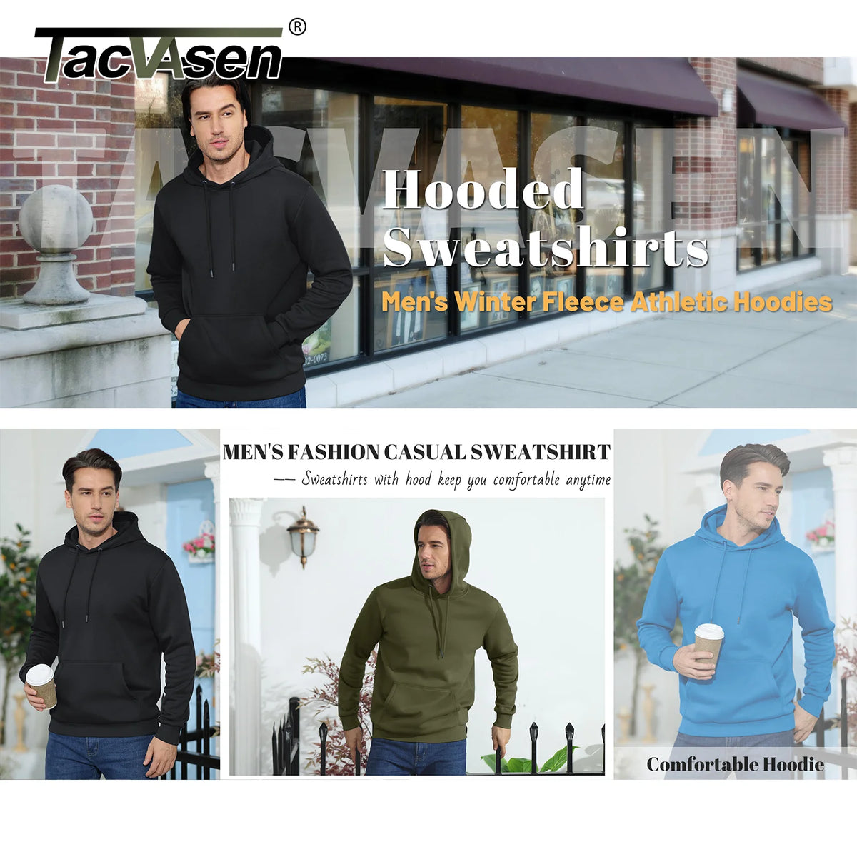 TACVASEN Autumn Winter Fleece Hoodies Mens Thermal Warm Hooded Sweatshirts Pockets Casual Hoodies Pullover Tops Male
