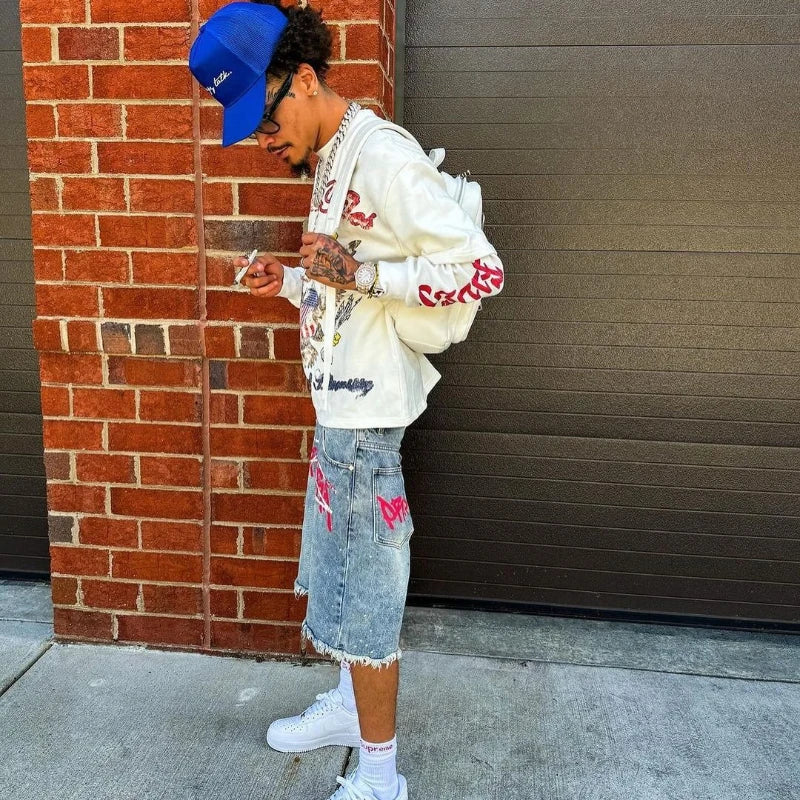 Y2K Graffiti Rhinestone Jorts | Retro Hip Hop Baggy Distressed Denim Shorts