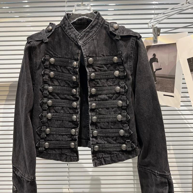 Punk Style Black Stand Up Collar Denim Jacket - Vintage Washed Motor Coat