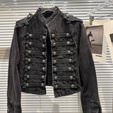 Punk Style Black Stand Up Collar Denim Jacket - Vintage Washed Motor Coat