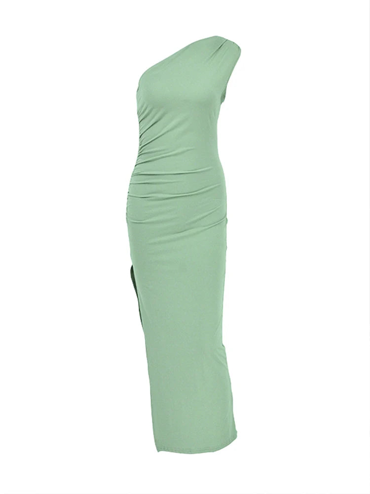 Women's One-Shoulder Sleeveless Backless Split Midi Dress