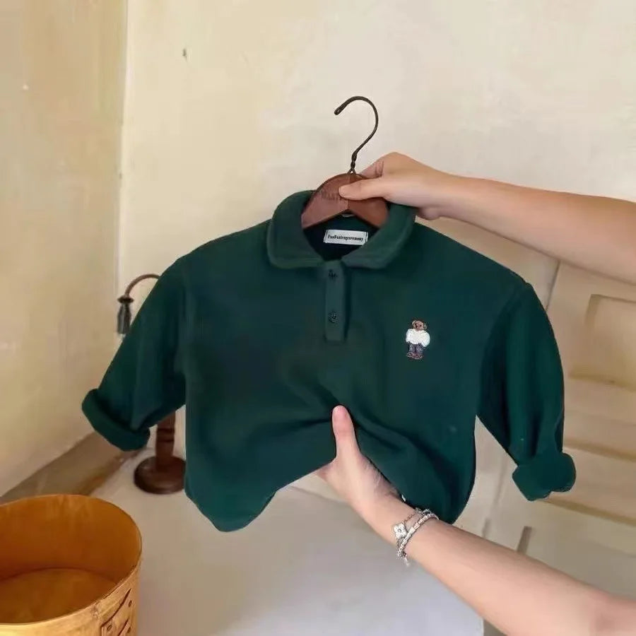 Kids' Bear Embroidered Fleece Polo Sweatshirt