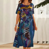 Plus Size Women's Summer Print Dress – Loose Fit Round Neck Casual Short Sleeve Midi