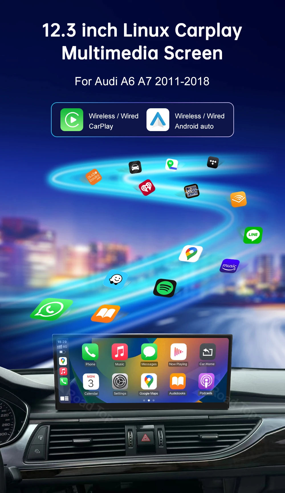 Road Top 12.3" CarPlay Screen for Audi A6 C6 A7 C7