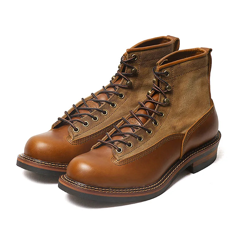 KOWM Hiking shoes men's walking boots British cowhide high top motorcycle boots ankle casual sneakers trekking shoes thick soled