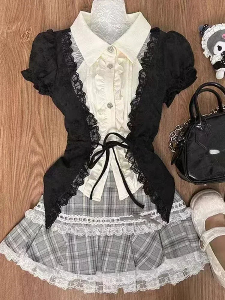 Japanese Pink Sweet Kawaii Lolita Elegant 2 Piece Sets Women Preppy Style Design Mini Skirt Suit Female Princess Chic Outfits
