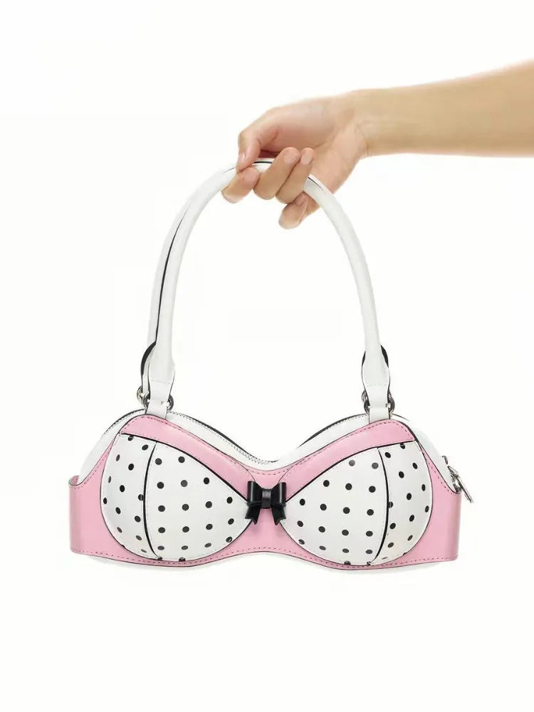 Polka Dot Bra Y2k Bags for Women Unique Novelty Cute Pink Bikini Handbag with Bow Harajuku Streetwear Funny Party Shoulder Bag