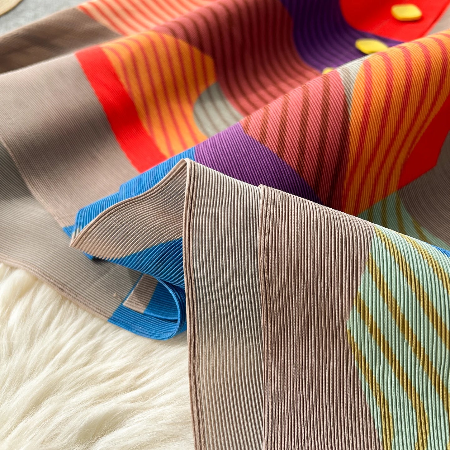 Miyake Pleated Drape Dress – Colorblock Print, 3/4 Sleeve