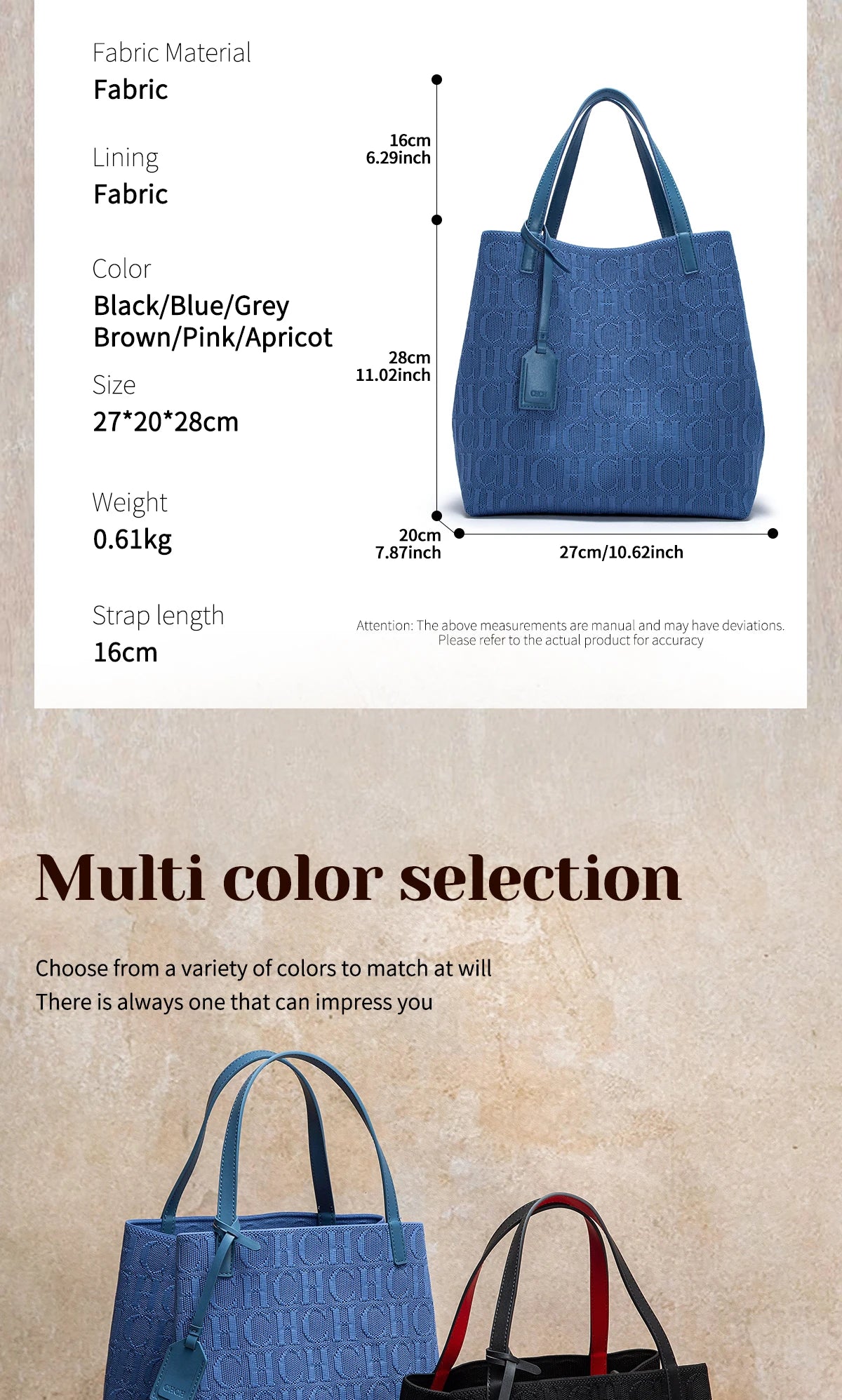 CHCH Tote Bag New Large Capacity Black Simple Knitted Shopping Bag 27*20*28cm