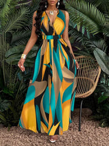 Abstract Print Sleeveless V-Neck Maxi Dress