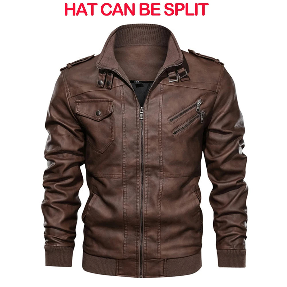 Men's Faux Leather Moto Jacket with Detachable Hood