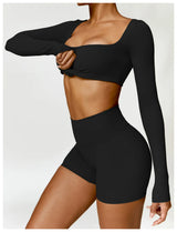 2-Piece Women's High-Waist Yoga Set – Seamless Long Sleeve Workout Suit
