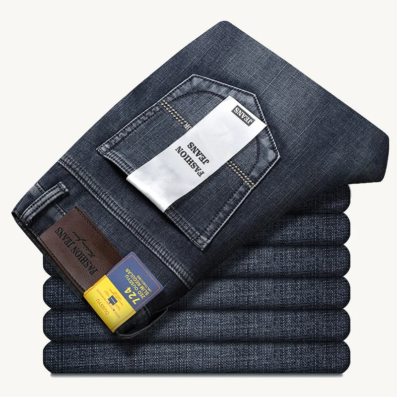 OUSSYU Brand Classic Retro Blue Men's Jeans Denim Pants Work Streetwear Straight Stretch Business Autumn Winter Cotton Trousers