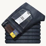 OUSSYU Brand Classic Retro Blue Men's Jeans Denim Pants Work Streetwear Straight Stretch Business Autumn Winter Cotton Trousers