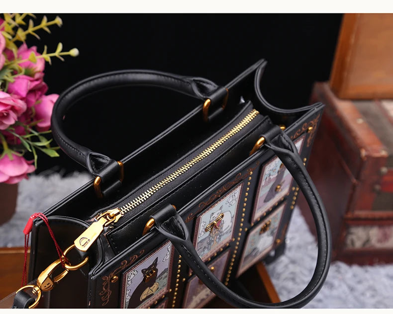 Vintage Luxury Leather Tote – Designer Cat Embroidery Shoulder Bag