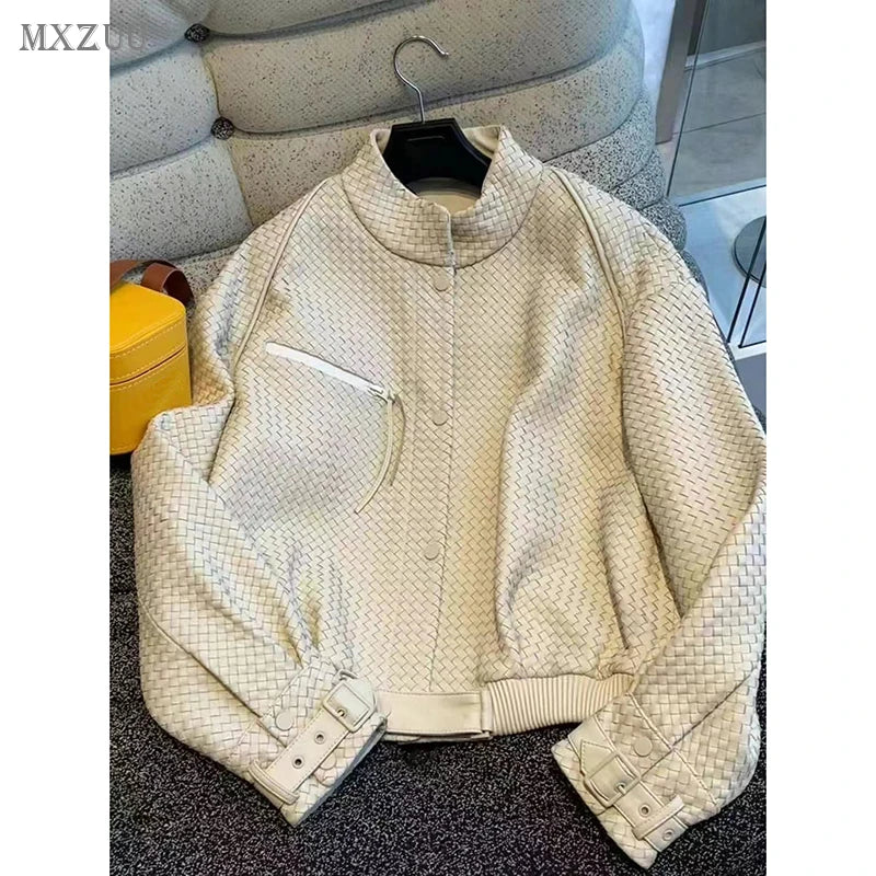 Natural Sheepskin Coat Women Autumn European and American Fashion Short Motorcycle Casual High Quality Hand-Woven Leather Jacket