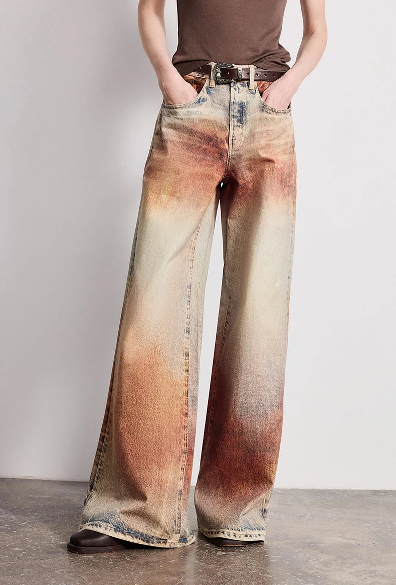 TOYOUTH Women Jeans 2026 Spring New Wilderness Wasteland Style Mid Low Waist Loose Printed Wide Leg Pants