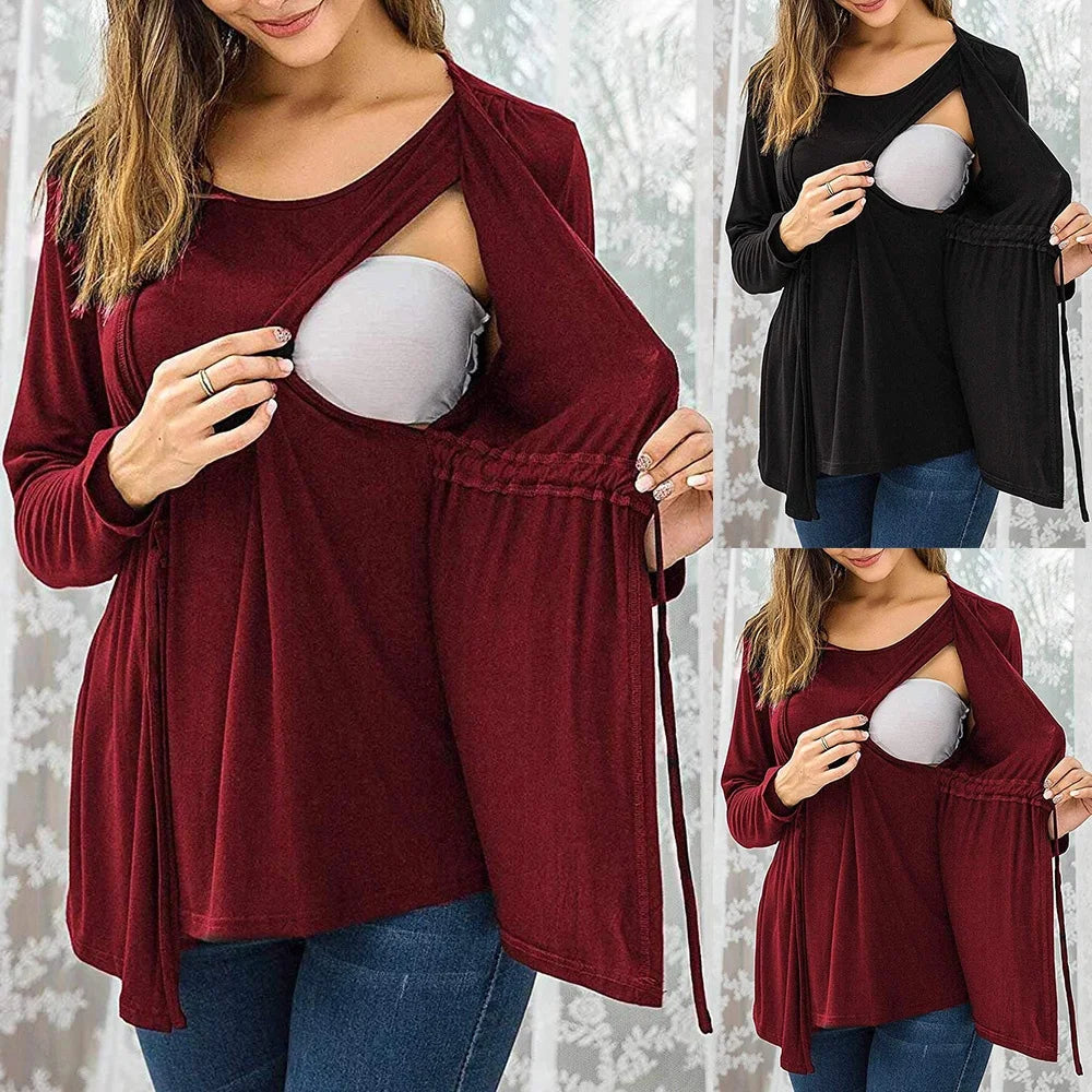 Layered Maternity & Nursing Top with Lace-Up Detail