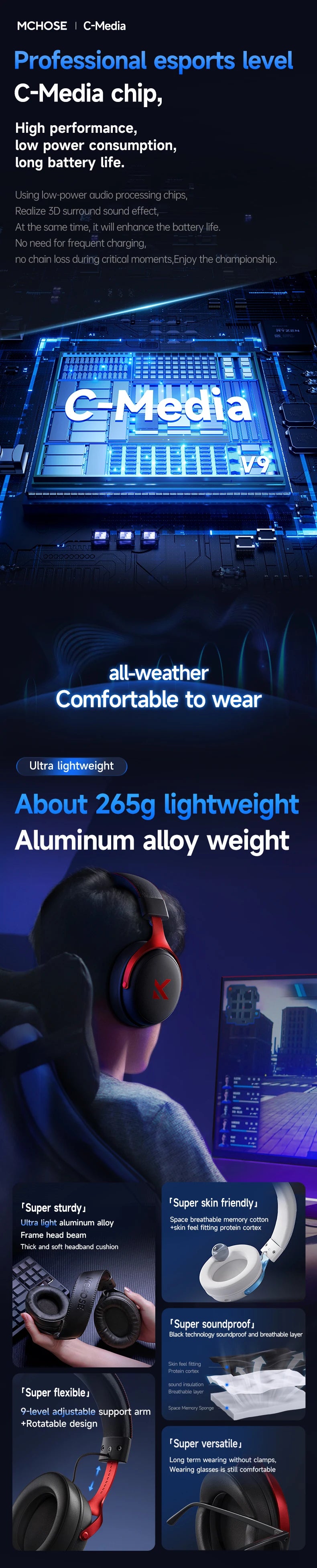 MCHOSE V9 Pro Gaming Headphones 2.4G BT5.3 Wireless BT5.3 Headset 7.1 FPS Surround Sound Earphones With Noise Reduction Mic