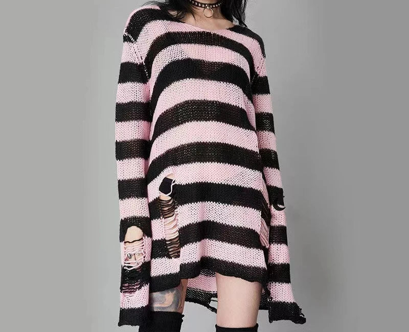 Gothic Striped Distressed Unisex Sweater