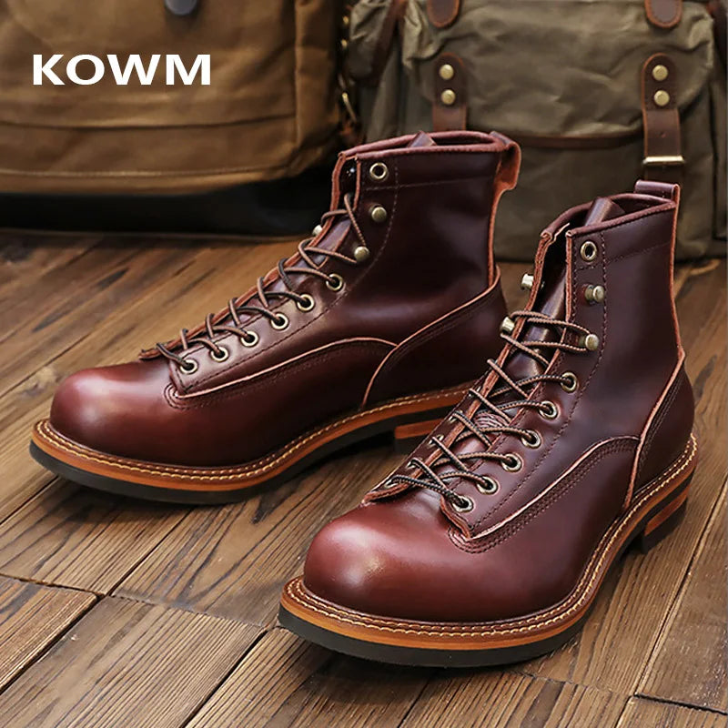 KOWM Hiking shoes men's walking boots British cowhide high top motorcycle boots ankle casual sneakers trekking shoes thick soled