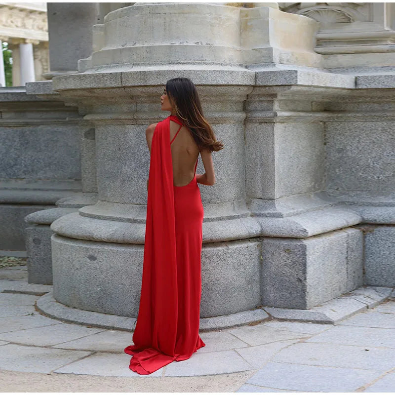 Elegant Ribbon Halter Maxi Dress