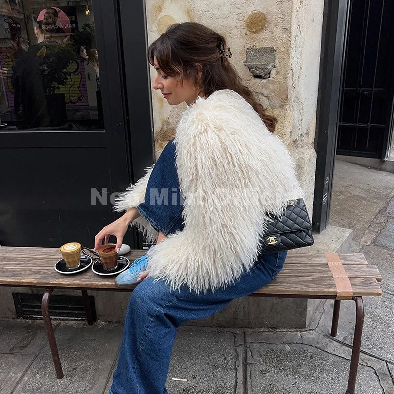 Chic Faux Mongolia Sheep Fur Cropped Jacket