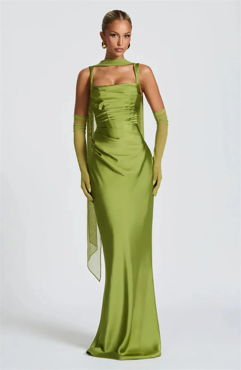 Elegant Backless Satin Maxi Dress – Sleeveless Halter Bodycon Party Gown