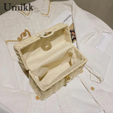 Rattan Straw Shoulder Bag Women Boho Hand-Woven Basket Messenger Pouch Summer Beach Square Box Top-handle Handbag