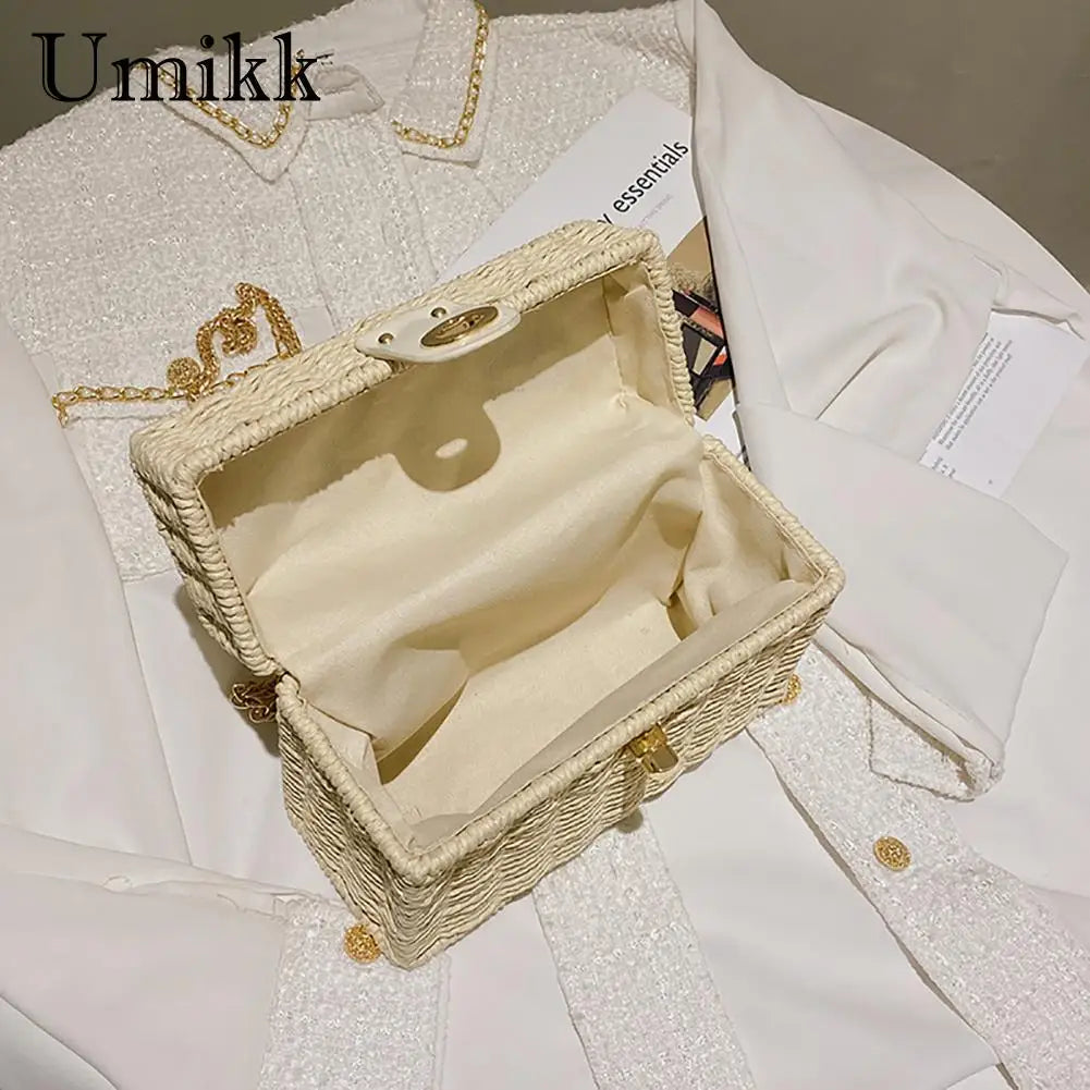 Rattan Straw Shoulder Bag Women Boho Hand-Woven Basket Messenger Pouch Summer Beach Square Box Top-handle Handbag