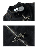 American Vintage Denim Jacket Men Stand Collar Cotton Spring Metal Button Splicing Regular Fit Streetwear Trendy Casual Outwear