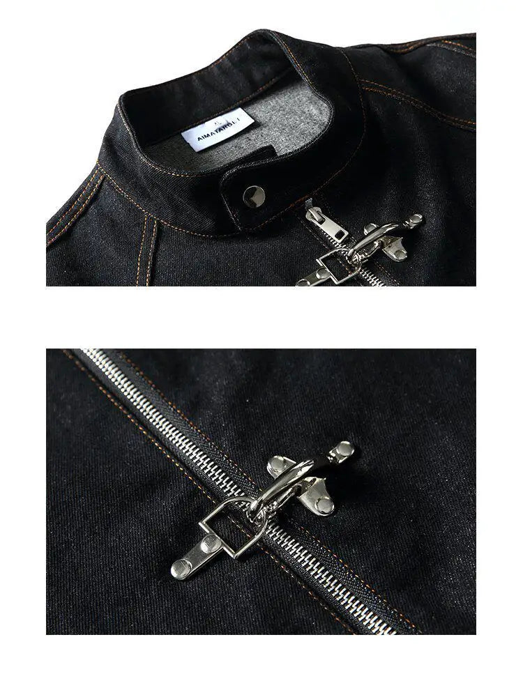American Vintage Denim Jacket Men Stand Collar Cotton Spring Metal Button Splicing Regular Fit Streetwear Trendy Casual Outwear