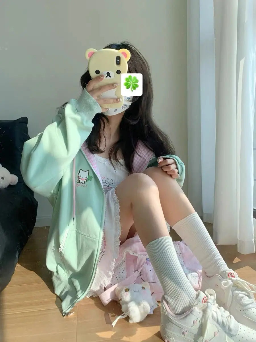 Women's Cat & Floral Print Zip-Up Hoodie