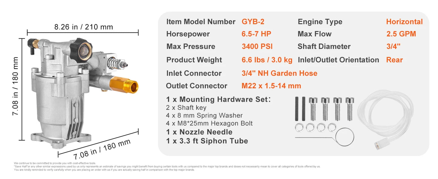 SucceBuy Pressure Washer Pump 3/4" Shaft Horizontal 3400 PSI 2.5 GPM Replacement Washer Pumps Kit Compatible with Honda RYOBI